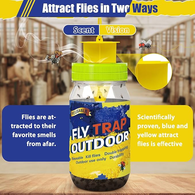 Reusable Outdoor Fly Trap Bottles, 3 Pack Flies Killer Jar Catcher with 6 Natural Bait Refills Lure, Bug Insect Control Hanging for Outside Barns, Stable, Patio
