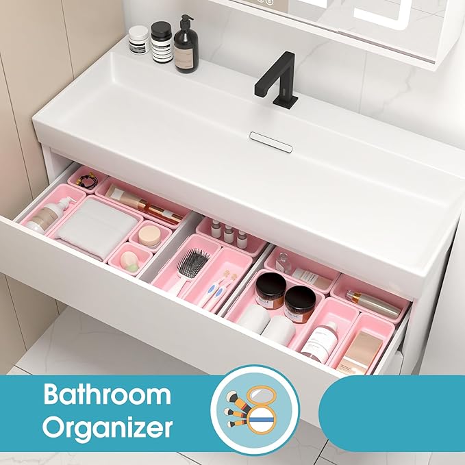 33 PCS Drawer Organizer Set, 4 Size Makeup Drawer Divider Organizer With Non-Slip Pads, Interlocking Plastic Storage Bins for Office,Jewelry Vanity,Gadgets, Bathroom,Kitchen, Pink