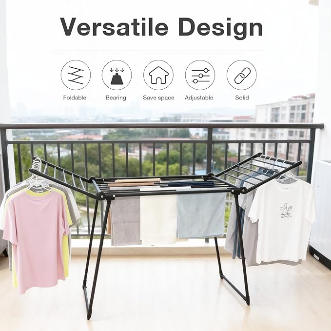 Clothes Drying Rack, with Sock Clips & with Buckle, Metal Laundry Rack, Foldable Gullwing Design, Free-Standing Laundry Airer Space-Saving, Free-Standing Airer, Indoor Outdoor Use, Black