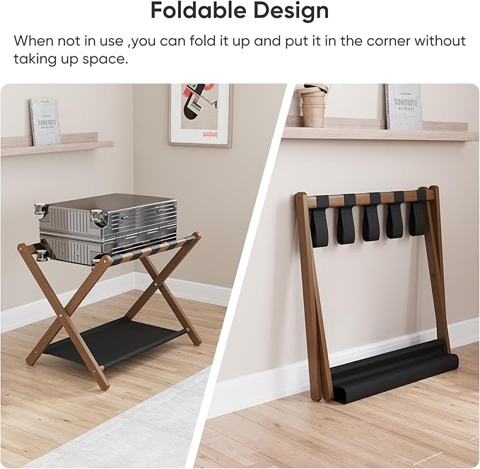 Smuxee Walnut Bamboo Luggage Rack Pack of 2, Foldable Suitcase Stand with Storage Shelf, Easily Assembled Luggage Stand with 5 Nylon-Straps for Guest Room Hotel Bedroom