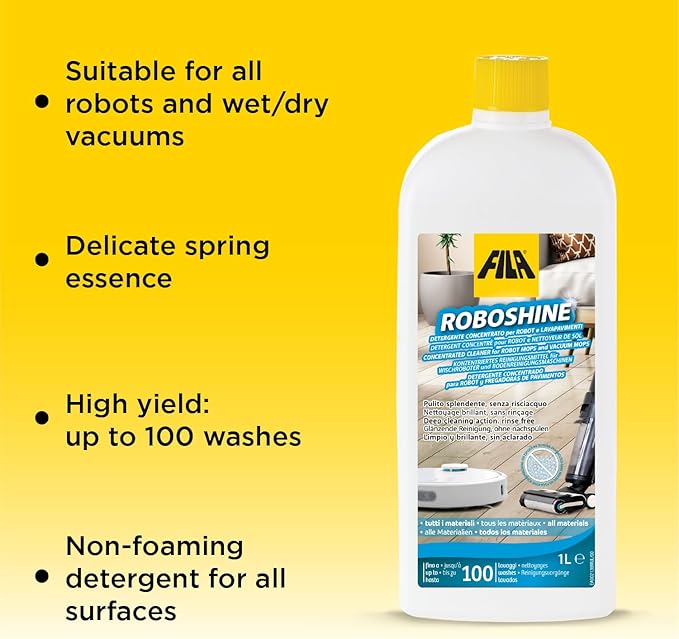 FILA Surface Care Solutions, ROBOSHINE, Detergent for All Robot Vacuum and Mop Combo and Wet Dry Vacuum Cleaner, Up to 100 Washes, Hard Floor Cleaner Mop Liquid for All Floor Tiles, 1Qt