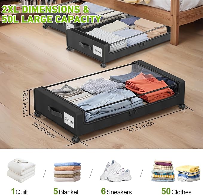 Molutsody Under Bed Storage with Wheels, 2-Pack Underbed Storage Containers with Clear Lids, Under Bed Shoe Storage Organizer, Rolling Under the Bed Storage Bins for Clothes Shoes Blankets (Black)