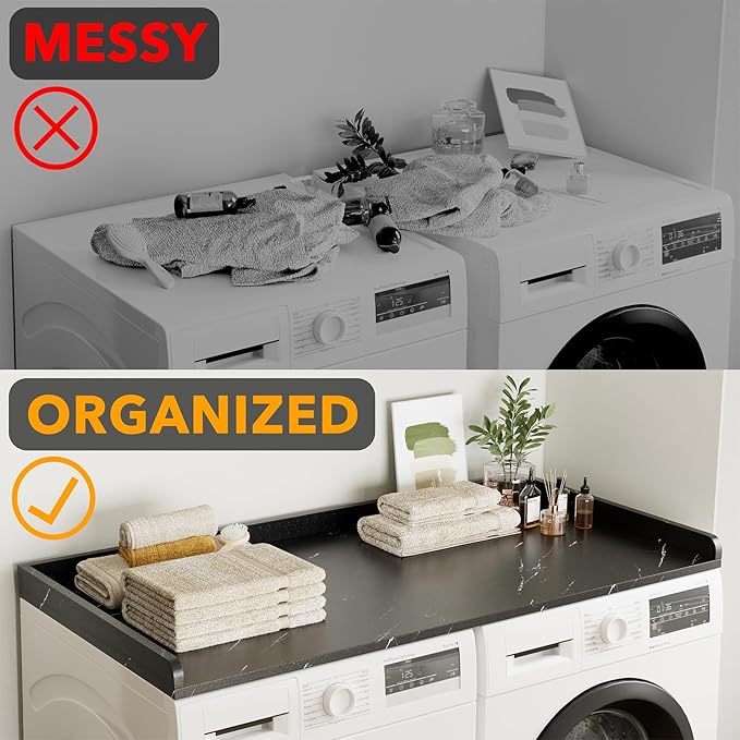 SpaceAid Washer Dryer Countertop, Laundry Wood Shelf Topper with Edge, 54" Width x 27.5" Depth Cover Guard Organizer for Washer and Dryer Laundry Hamper Counter Storage Organization (Black Marble)