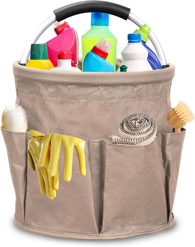 Qivine 17L Cleaning Caddy with Handle, Cleaning Supply Caddy, Foldable Tool Bag Cleaning Products Organizer, Portable Cleaning Bucket Caddy for Cleaning Supplies (Khaki)