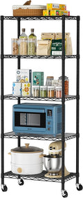 Golpart 5 Tier Shelves Storage Shelf Wire Closet Bathroom Organizers Metal Pantry Kitchen Garage Shelving Unit Laundry Room Organization Home Rack Net Basket Black with Wheels 14”D X 24”W X 61”H
