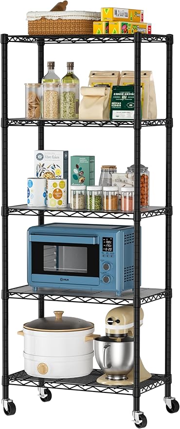 Golpart 5 Tier Shelves Storage Shelf Wire Closet Bathroom Organizers Metal Pantry Kitchen Garage Shelving Unit Laundry Room Organization Home Rack Net Basket Black with Wheels 14”D X 24”W X 61”H
