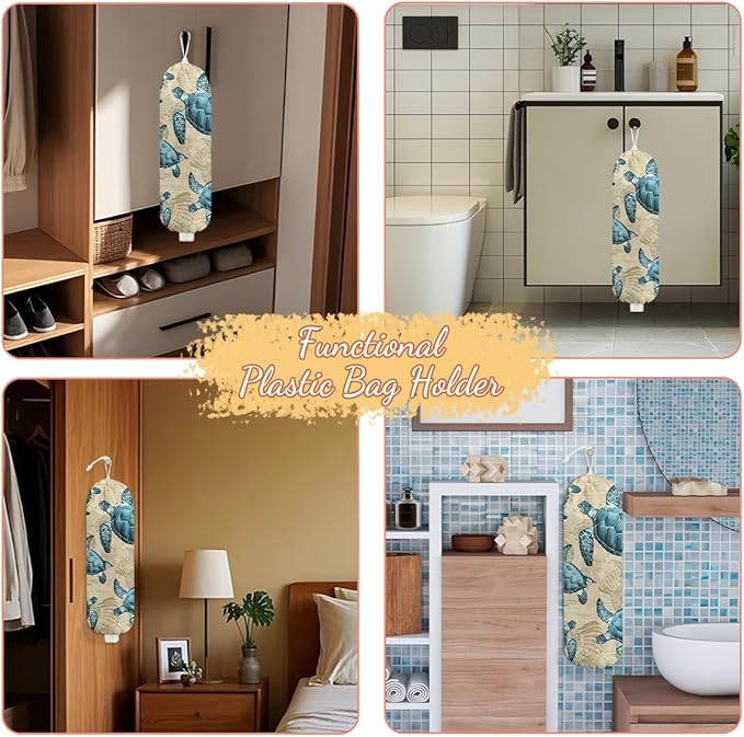 Sea Turtle Plastic Bag Holder, Wall Mount Grocery Bag Holder, Plastic Storage bag, Pull Rope Free Adjustment, Plastic Bag Holders for Grocery Bags, Plastic Bag Dispenser for Home Kitchen