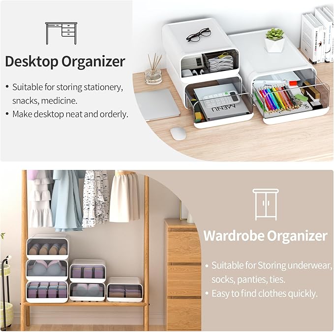 Underwear Organizer Drawer, 15 Cells Plastic Sock Underwear Storage Drawer, Stackable Closet Organizers and Storage Box for Bras, Socks, Scarves, Ties, Belt (Queen Size-White, 1 Pcs)