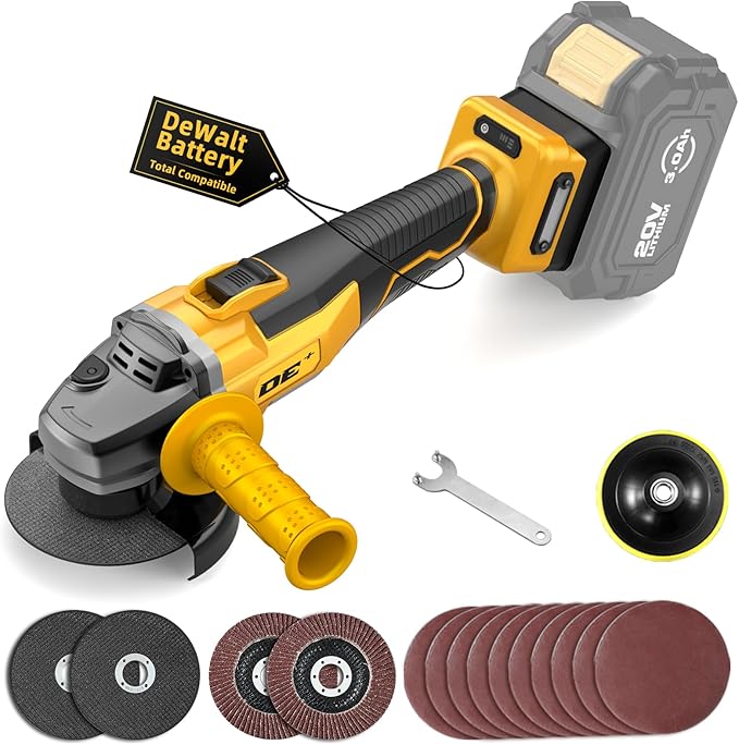 Brushless Angle Grinder, for DEWALT 20V Battery, 4-1/2" Cordless Small Angle Grinder with Auxiliary Handle, 10 Sandpapers, 2 Cutting & 2 Grinding Wheels, Pin Wrench, Lock-on Slide Switch for Polishing