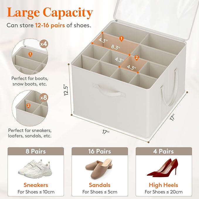 Lifewit Shoe Storage Organizer for Closet, Fabric Large Shoe Box Storage Containers with Clear Cover, Foldable Bins for Boots Heels Sneakers Fits 12-16 Pairs, 1 Pack White