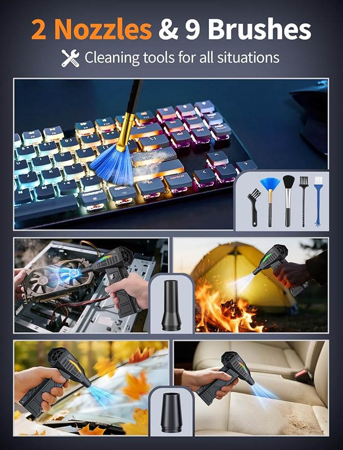 Compressed Air Duster, 200000RPM Electric Air Duster with Light, 4-Gear Adjustable Cordless Dust Blower for Computer, Keyboard, Outdoor, Home and Car (FB09-Black)