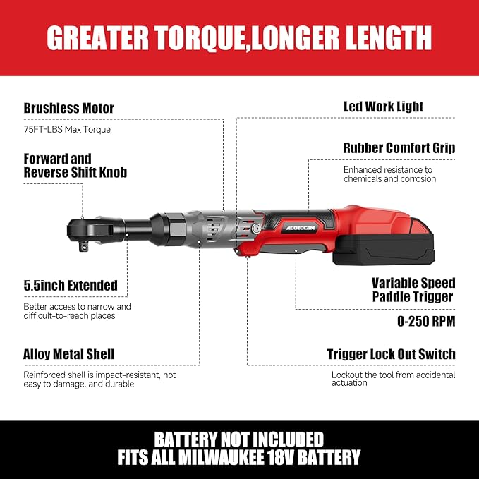 3/8" Cordless Ratchet Wrench for Milwaukee 18V Battery(Tool Only),75FT-LBS(102N.m) Extended Electric Ratchet Wrench with Variable Speed, LED Light, 1/4"&1/2" Adapter,3" Extension Bar