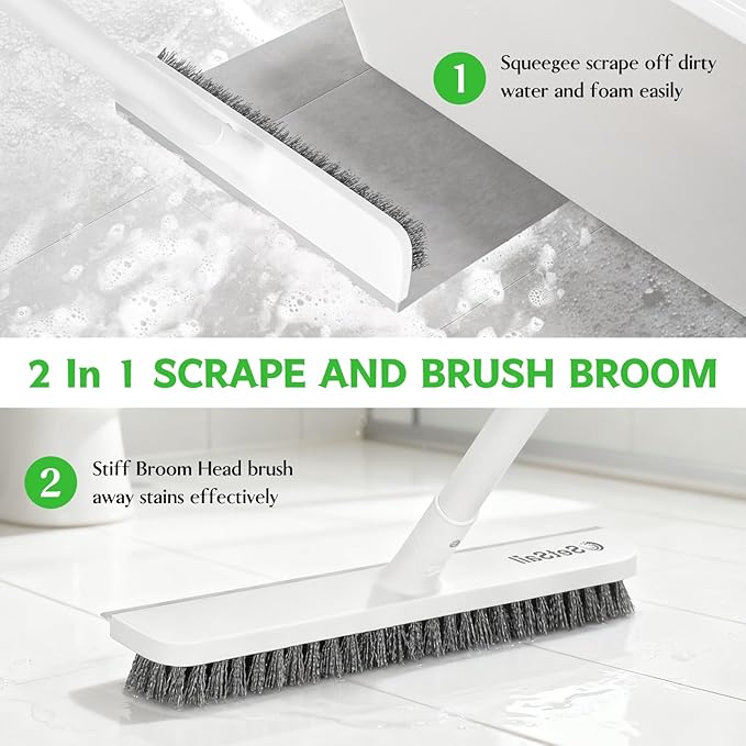 SetSail Floor Scrub Brush, Scrub Brush with 48-Inch Long Adjustable Handle 2 in 1 Scraper Brush Stiff Bristle Floor Scrubber for Cleaning Bathroom Shower Kitchen Garage Deck Tilb Tub, White