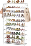 LANTEFUL 10 Tiers Shoe Rack 50 Pairs Large Capacity Tall Shoe Organizer Sturdy Shoe Storage with Two Hooks Space Saving Metal Wide Shoe Rack for Closet, Entryway, Bedroom, White