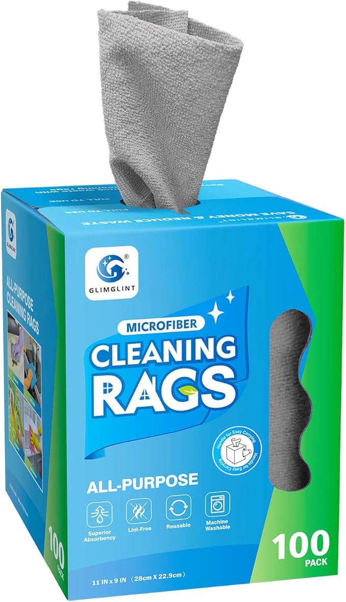 GLIMGLINT Microfiber Cleaning Cloth, 100 Pack Cleaning Rags, Lint-Free, Ultra Absorbent Reusable Paper Towels for Home, Kitchen, Car, Garage or Shop, Microfiber Rags, 11" x 9", Grey