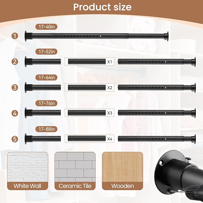 Heavy Duty Closet Rods for Hanging Clothes, Metal Black 1.3 Inch Diameter Closet Rods 17-63 Inch Adjustable Clothes Hanging Bar Shower Curtain Rods for Closet, Wardrobes, Bathrooms, Windows