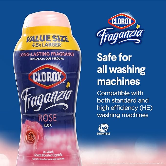 Clorox Fraganzia Laundry Scent Booster Crystals, In-Wash Fragrance Beads for Fresh-Smelling Clothes & Linens, Safe for All Fabrics & Colors, Easy-Pour Bottle, Rose Scent, 70 Oz - 6 Pack