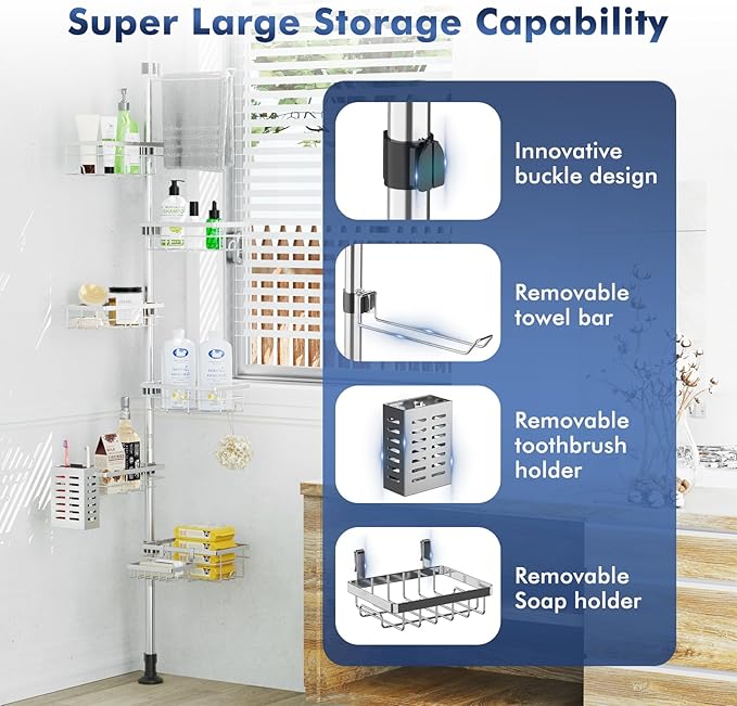 Vatex Shower Caddy Corner Tension Pole, Stainless Steel Rustproof 6 Shelves Bathroom Organizer with Towel Bar & Toothbrush Holder, Adjustable Shower Shelf for Renters - Family Stand Storage Rack