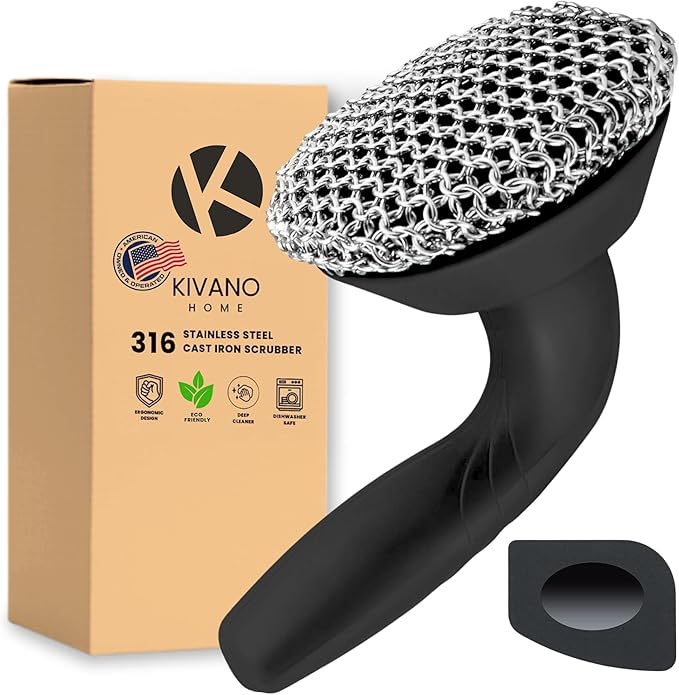 KIVANO Cast Iron Scrubber with Pan Scraper, 316L Chainmail Scrubber, Long Handle Cast Iron Cleaner for Dishes, Pans, Grills, Upgraded Chain Mail Scrubber for Grill Pan Skillet Wok Carbon Steel