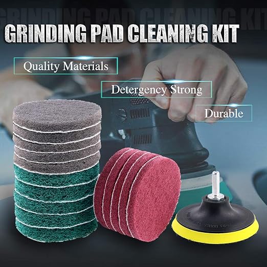 Swpeet 16Pcs 4Inch 3 Different Color Scrubbing Pads Drill Powered Brush Tile Scrubber Scouring Pads Cleaning Kit, Abrasive Buffing Pads Replacement with 1 Pcs Hook Attachment for House Cleaning