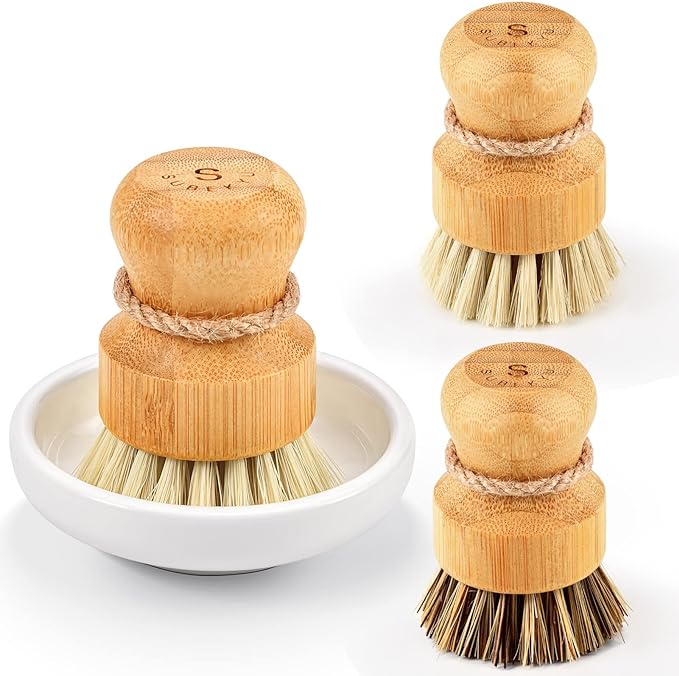 SUBEKYU Bamboo Dish Scrub Brushes, Kitchen Wooden Cleaning Scrubbers Set for Washing Cast Iron Pans/Pots, Set of 3