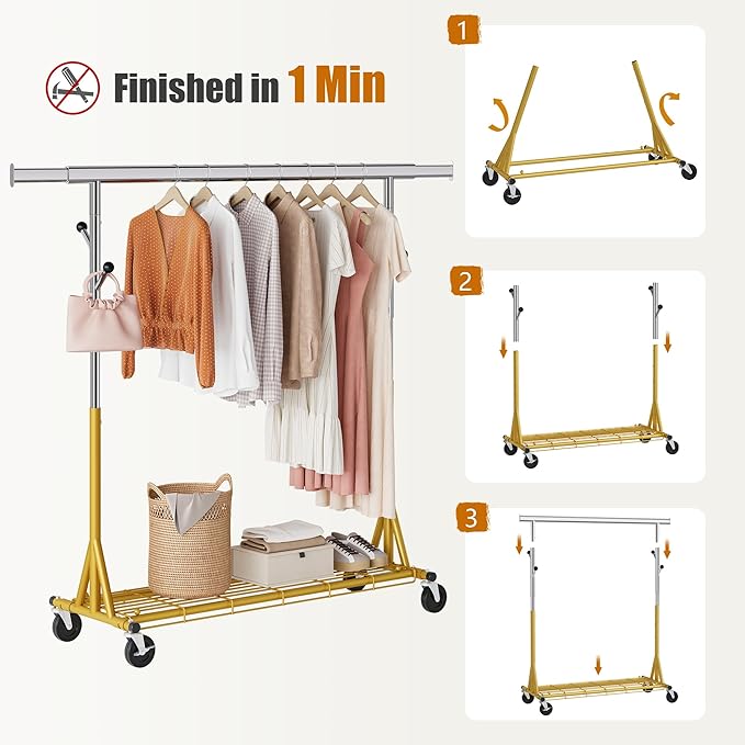 Gewudraw Rolling Clothes Rack Load 530lbs,Heavy Duty Garment Rack With Sturdy Wheel And Shelves, Adjustable Portable Hanging Rack For Clothes, Gold