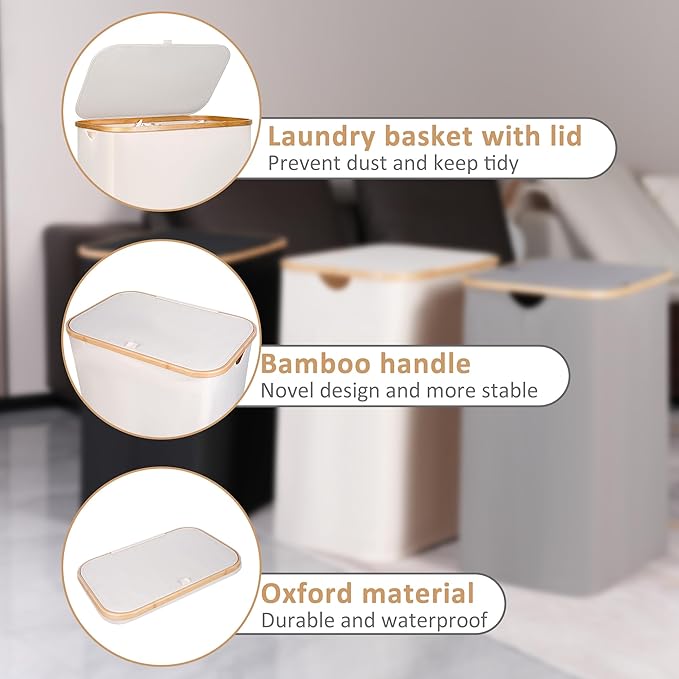iEGrow 150L Laundry Basket with Lid, Large Laundry Hamper with Bamboo Handle, Collapsible Dirty Clothes Hamper Organizer with 2 Removable Inner Bags for Clothes Toys Towels - Beige