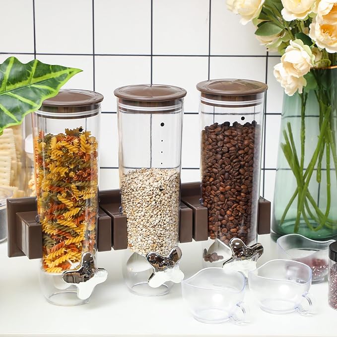 Nitial 2 Pieces Cereal Dispenser Wall Mounted 4.5L Triple Candy Machine Grain Dispenser with Cup Triple Dry Food Snack Wall Mount Cereal Storage Container for Kitchen Food Store Coffee Beans Store