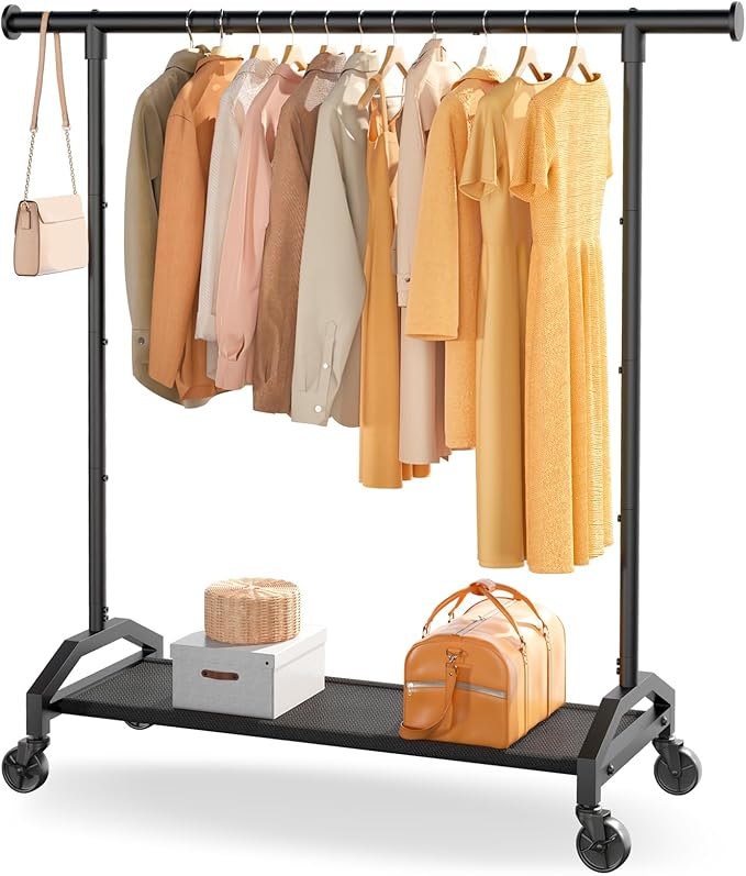 Wiracks Clothes Rack Clothing Racks for Hanging Clothes Heavy Duty Clothes Rack Hanger Rack 200lbs Capacity Industrial Wheels 1" Pipe,Rolling Garment Rack Portable Clothes Rack Black
