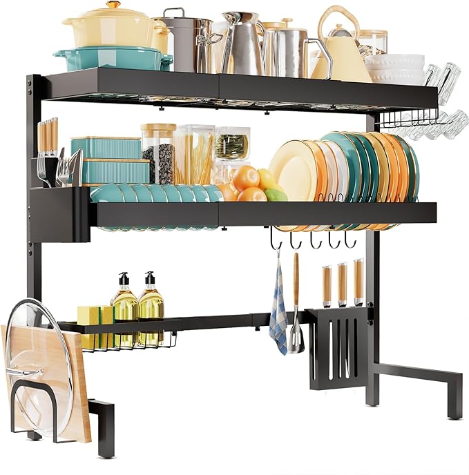 Sakugi Over The Sink Dish Drying Rack, Expandable 3-Tier Stainless Steel Kitchen Storage Organization Accessories for Countertop, Rustproof & Space-Saving, 31.5"–39.5" L x 12" W x 33" H, Black