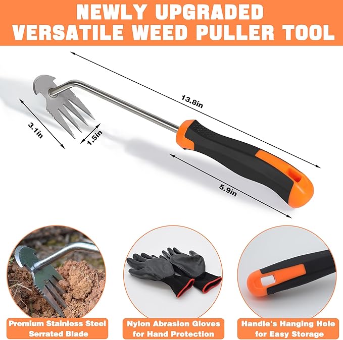 Weed Puller Tool, Portable Weed Remover Tool, 2024 New 4-Claw Steel Weeder Tool with Hang Hole, Manual Weeding Tool Gardening for Yard, Vegetable Gardens, Farms (Non-Slip Rubber Handle)