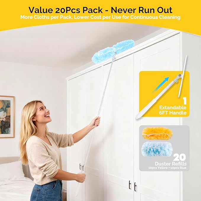 AIDELY 6 FT Extendable Duster Handle with 20 Pcs Refills, Heavy Duty Starter Kit Compatible with Swiffer, Disposable Microfiber Dusting Pads for Ceiling, Fan, Window & Hard to Reach Areas Cleaning