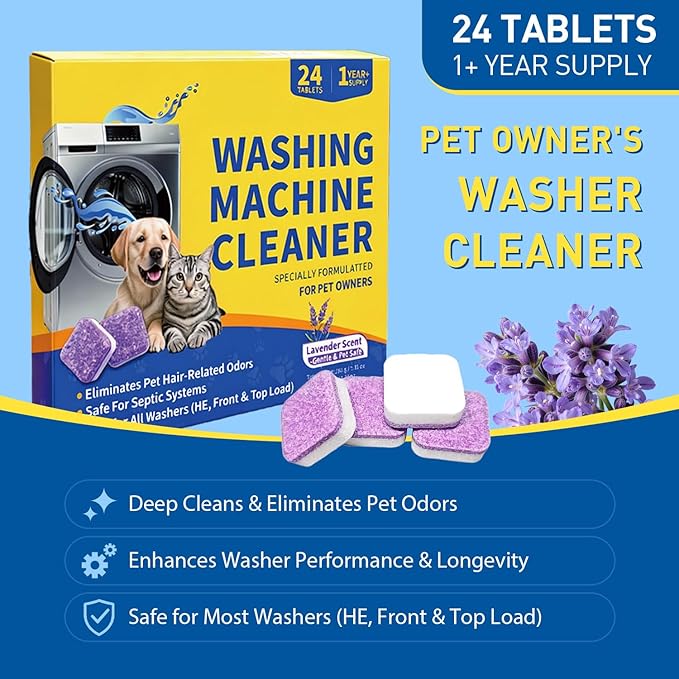24 Count Washing Machine Cleaner for Pet Hair Relief Tablets - HE-Safe, Septic-Safe, Lavender Scent, 1-Year+ Supply, Pet-Friendly Washer Cleaner for Top/Front Load Washers