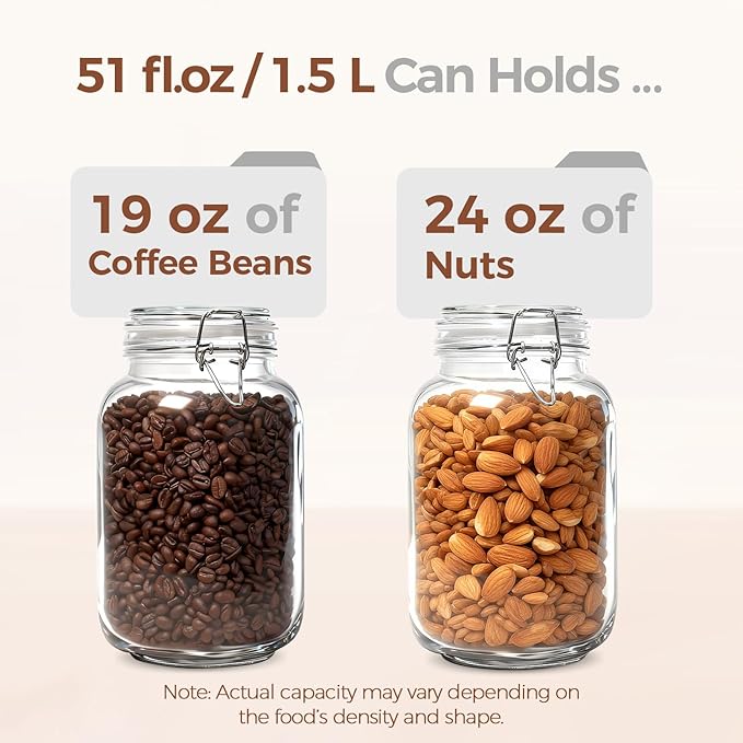 ComSaf Set of 3 Square Glass Jars with Airtight Lids (51 Oz), Wire Clamp Canisters for Pickling, Kombucha & Bulk Food, Wide Mouth Canning Jars for Space Saving Kitchen & Pantry Organization