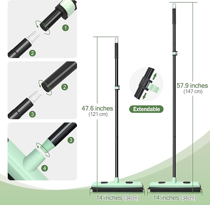 Upgraded Rubber Broom Pet Hair Remover with Squeegee Fur Sweeper Small Detailing Lint Brush to Fluff Carpet Rug Tile Hardwood Floor