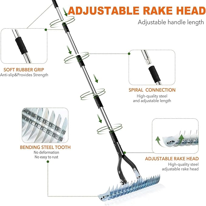 Thatch Rake,15" Lawn Dethatcher Rakes,Dead Grass Remover,Manual Dethatching Rake with Adjustable Length Handle,Scarifier Rake,Thatching Rakes for Lawns Grass Loosening Soil