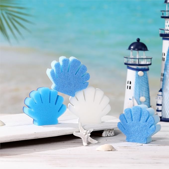 Tioncy 12 Pack Shell Kitchen Sponges Bulk Dual Sided Scrubber Summer Shell White Blue Sponges Dishwashing Kitchen Cleaning Accessories for Funny Beach Sea Theme Household Supplies
