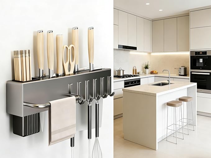 SEIDO Carbon Steel Utensil Rack – Space-Saving 20" L Kitchen Organizer with hooks & hanging bar, Gunmetal Gray Knife Holder, 2 Installation Options (Adhesive/Screwed)
