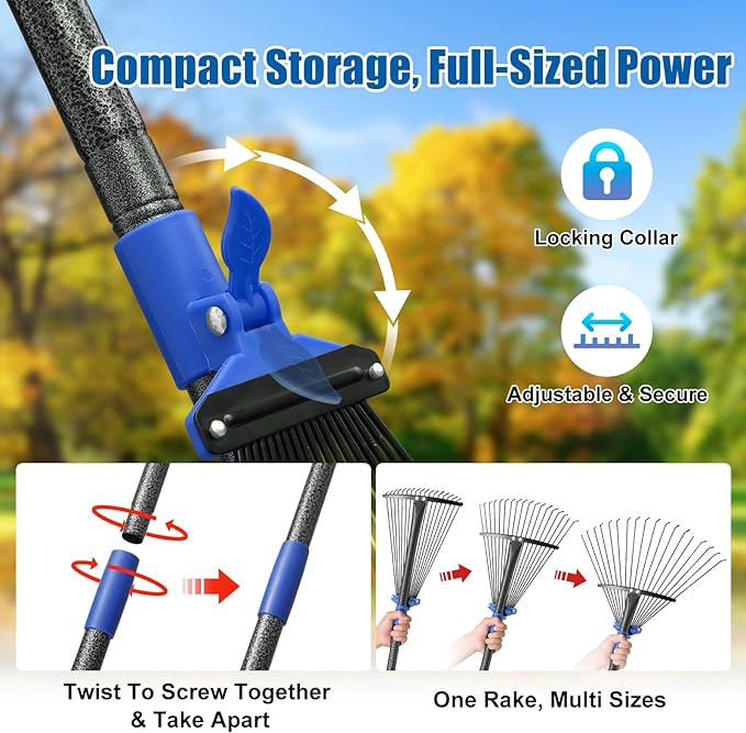 Rake for Leaves: Adjustable Metal Leaf Rake for Lawn, 8-17" Expandable Head, 65” Long Handle,Collapsible Heavy Duty Women Kids Garden Rakes for Yard Pine Needles Mulch Grass Debris Gardening Camping