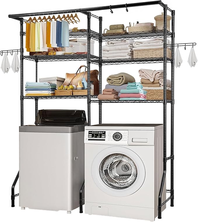 VEVOR Over Washer and Dryer Storage Shelves, 6 Tiers Laundry Room Drying Rack with Hanger Rod and Hooks, Two Rows Adjustable Washer Shelves Space Saver, for Laundry Room Storage & Organization, Black