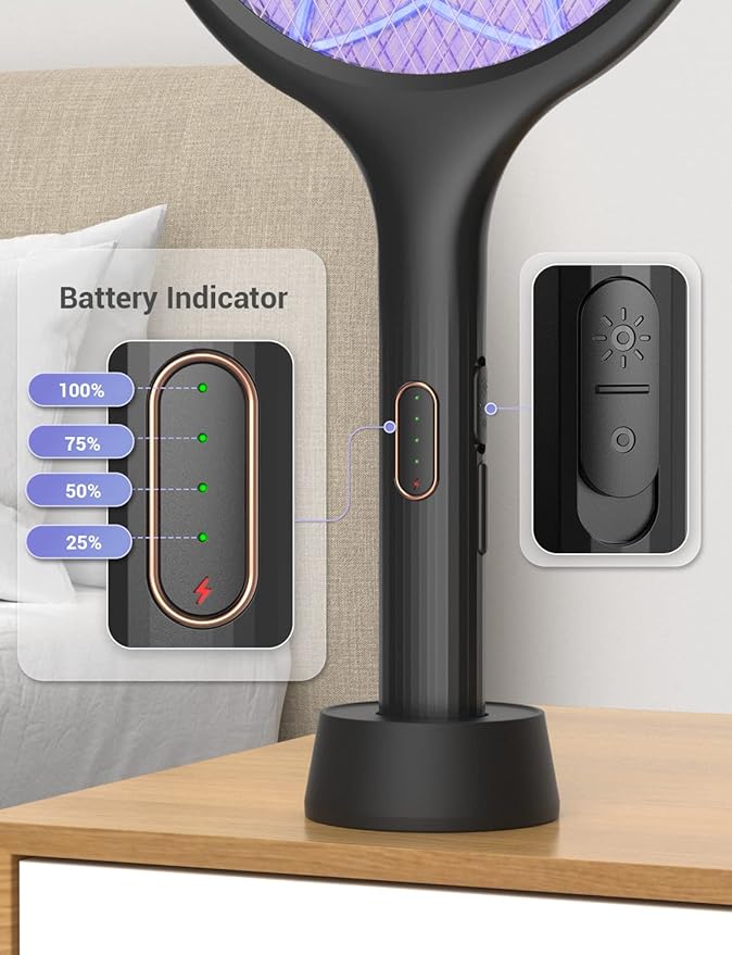 YISSVIC Electric Fly Swatter 4000V Bug Zapper Racket Dual Modes Mosquito Killer with Purple Mosquito Light Rechargeable for Indoor Home Office Backyard Patio Camping (Black-1 Pack)