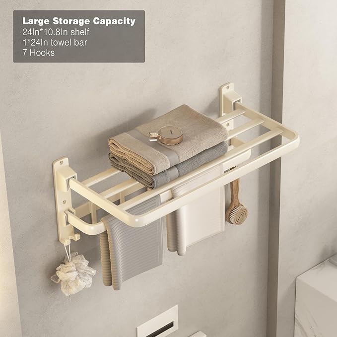 VOLDRA Towel Racks for Bathroom, 24-Inch Towel Shelf with Towel Bar Foldable Towel Holder with 7 Hooks Towel Storage Organizer for Bathroom & Lavatory Wall Mounted(Cream White)