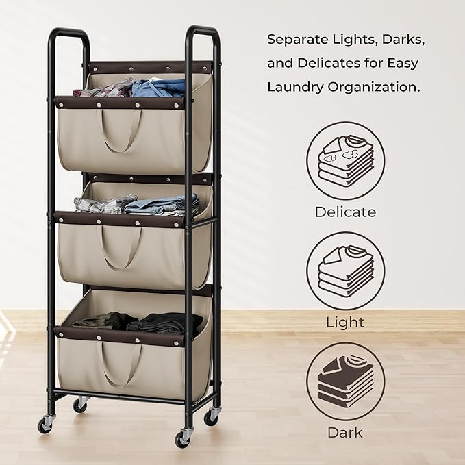 GRANNY SAYS 3 Tier Laundry Sorter, Laundry Basket with Wheels, Laundry Room Organization and Storage, 3 Section Rolling Laundry Cart for Dorm, Bathroom, Bedroom, Closet, Light Khaki