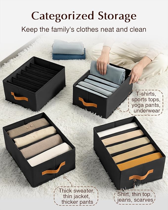 Homsorout Clothes Organizers and Storage - 4/5/7 Grids Fabric Jeans Organizer with Handles, Foldable Closet Organizers Dividers, Wardrobe organizer for Pant, Sweater, T-shirt, Scarf, 6 Pack, Black