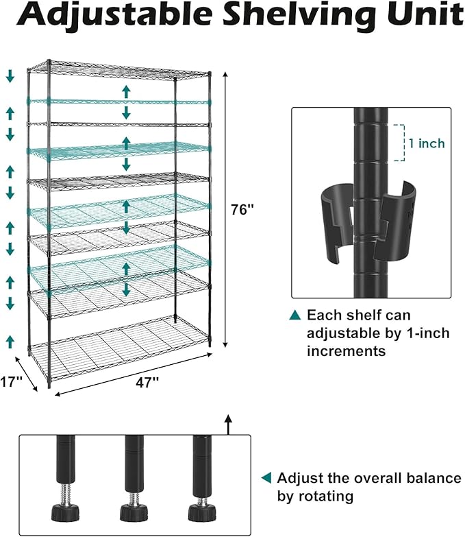 WDT NSF Certified Storage Shelves on Wheels, Heavy Duty Metal Shelves for Storage with Adjustable Stand, 6-Tier Wire Shelving Unit for Garage Pantry Kitchen Shelf Rack(17" W*47" D*80" H), Black
