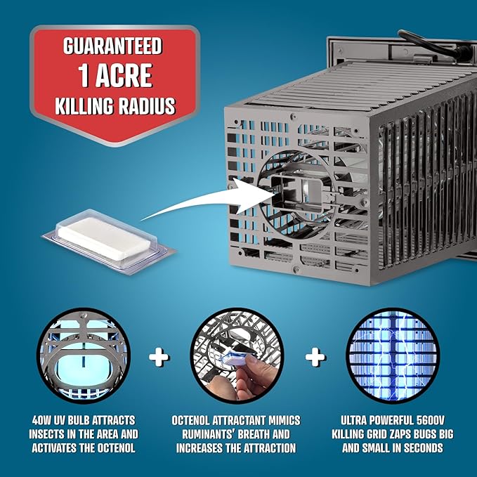 Flowtron Bug Zapper, 1 Acre of Outdoor Coverage with Powerful 40W Bulb & 5600V Instant Killing Grid, Electric Insect, Fly & Mosquito Zapper, Made in The USA - Grey Color
