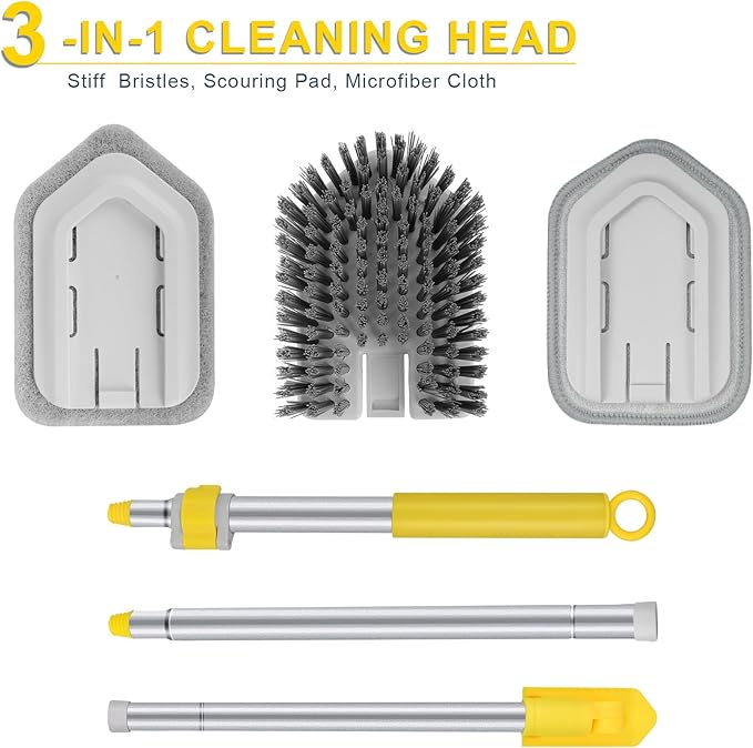 Lalafancy Baseboard Cleaner Tool with Long Handle 3 Reusable Cleaning Brush Pads, 52‘’ Shower Wall Cleaner Scrubber Baseboard Duster for Bathroom Wall Floor Skirting Bathtub Window Scrubbing