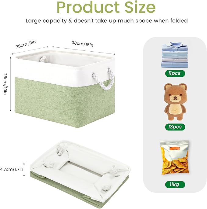 Large Storage Baskets- 15x11x10 inch Storage Bins for Shelves and Closet Organizing, Foldable Fabric Bin for Home Organization Clothes and Laundry (1-Pack, White&Green)