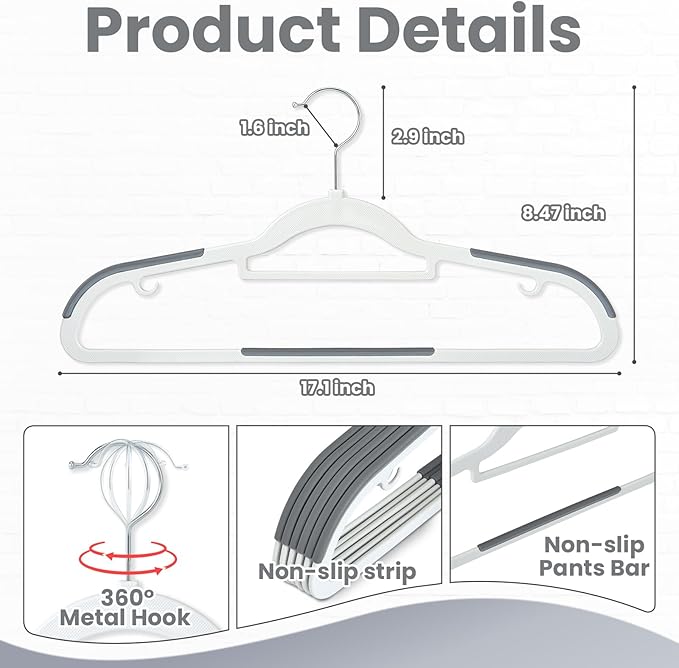 Edergoo Plastic Hangers 50 Pack, Slim Clothes Hangers Non Slip, Non-staining Space Saving Hanger, 17.1 inches Coat Hanger Heavy Duty Hanging Dry Wet Clothes, Gray