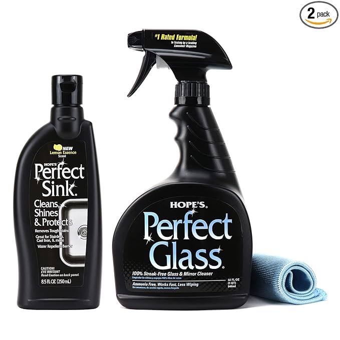 HOPE'S Perfect Sink Cleaner and Polish, 8.5 Fl Oz, and Perfect Glass Cleaner Spray with Microfiber Cloth, 32 Fl Oz, Bundle